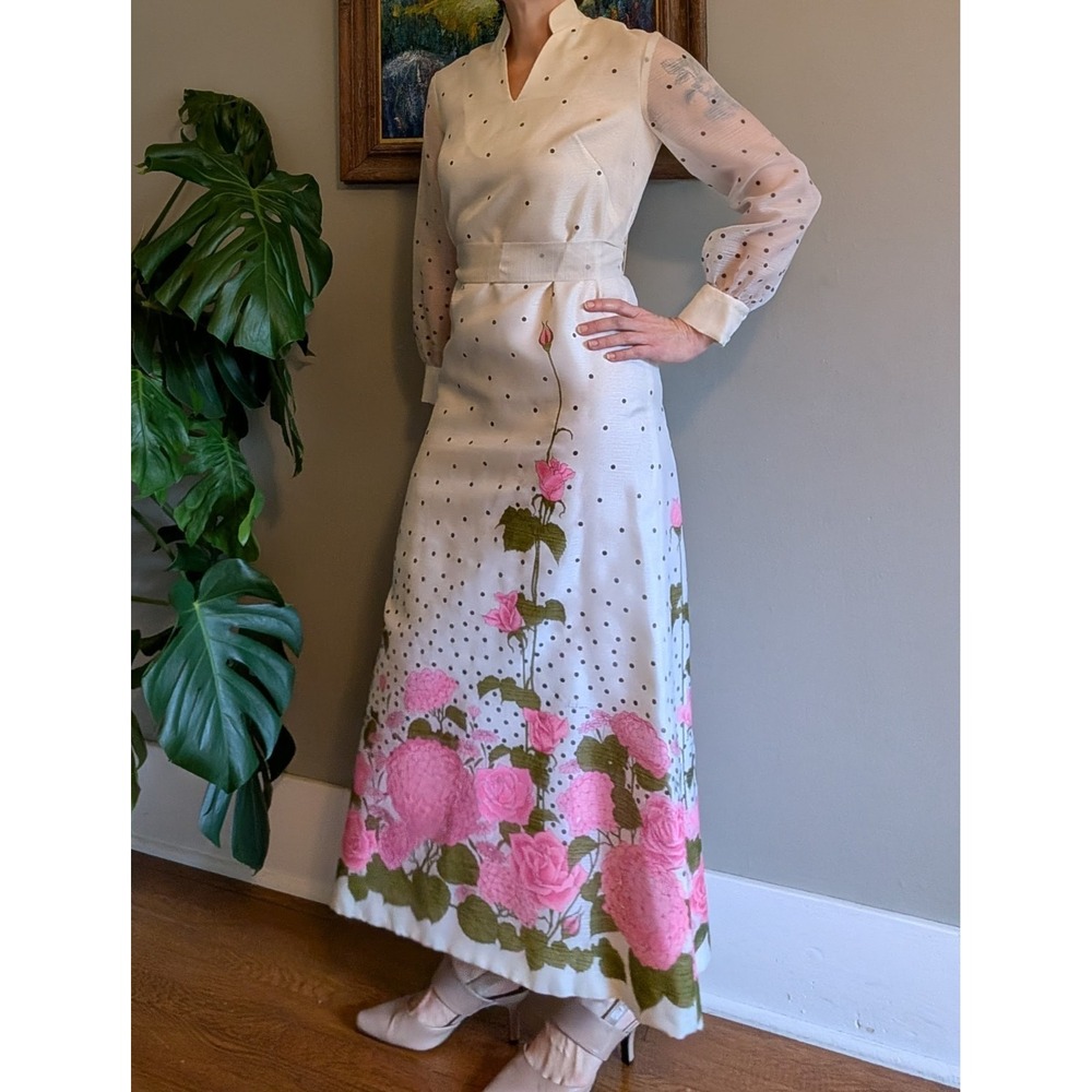 Vintage Alfred Shaheen Floral Maxi Dress Sheer Sleeves Hostess Belt Pink 70s MOD